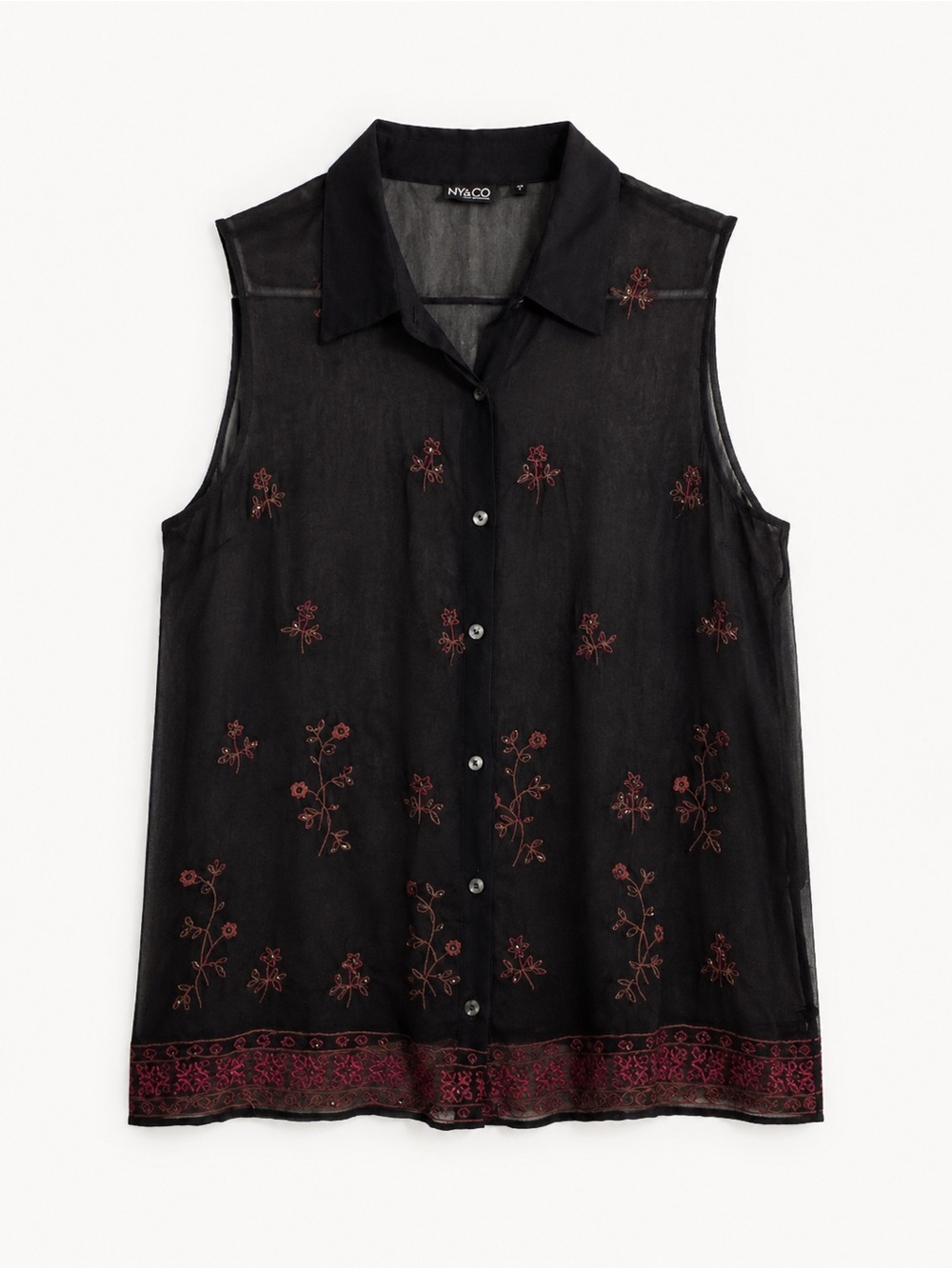 NY&CO Large Black Sheer Embroidered Floral Sleeveless Button-Up Blouse
